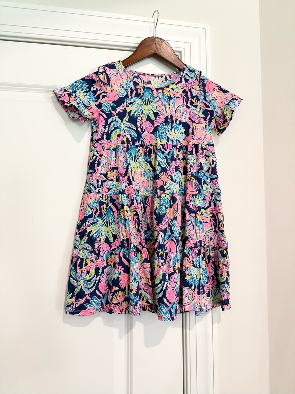 Lilly Pulitzer Navy Floral Tiered Dress with Pink & Blue Accents